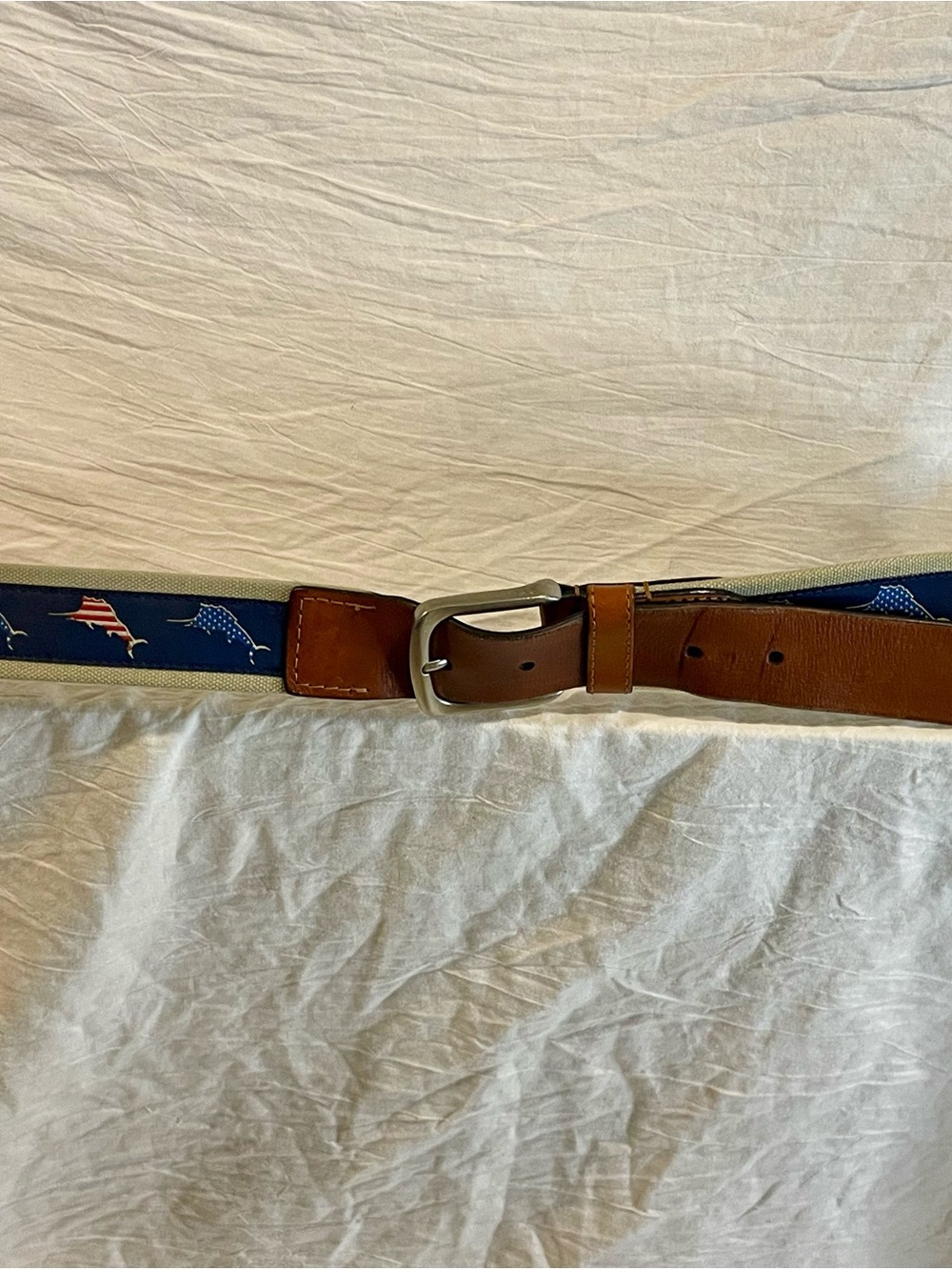 Tommy Bahama Marlin American Flag Belt Men 42/105 Leather Canvas Patriotica